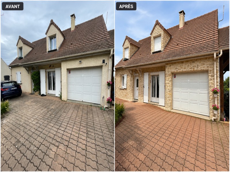 Avant - aprèsFaçade de maison entièrement réalisée en enduit imitation pierre sculptée par MTG Création à La Brosse-Montceaux 77940, près de Montereau-Fault-Yonne.