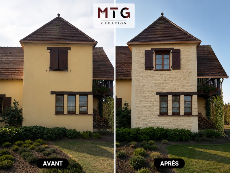 Avant / Après : transformation d’une façade en enduit imitation pierre sculpté à la main à Moigny-sur-École (91) par MTG Création.