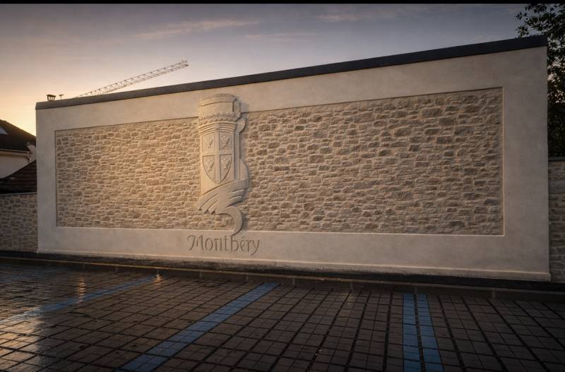 Mur décoratif en enduit imitation pierre avec blason de la ville de Montlhéry (Essonne) – MTG Création