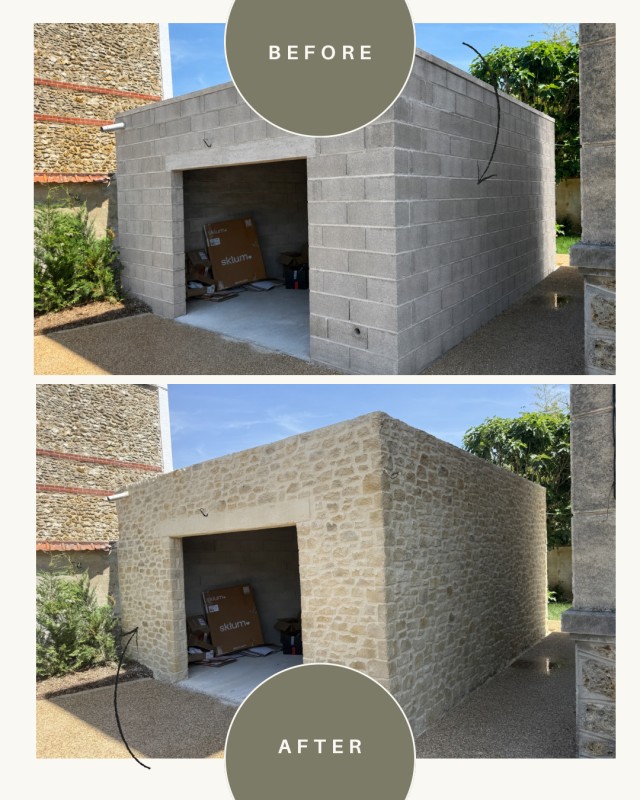 Transformation d'un garage en parpaings en garage imitation pierre sculpté réalisée par MTG création à Saint-Germain-sur-Morin 77860 proche Meaux, avec un rendu authentique inspiré des constructions traditionnelles en pierre.