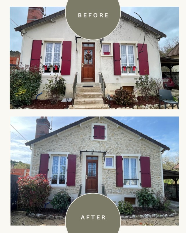 Transformation de façade en enduit imitation pierre sculpté à la main effet pierre naturelle durable à Maisse (91)